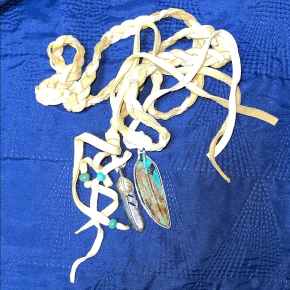 Braided Suede Belt with Feather Charms and Beads - Sterling and Turquoise - Picture 4 of 4